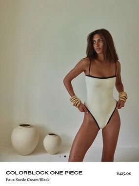 Colorblock Cream One-Piece Swimsuit with Black Trim